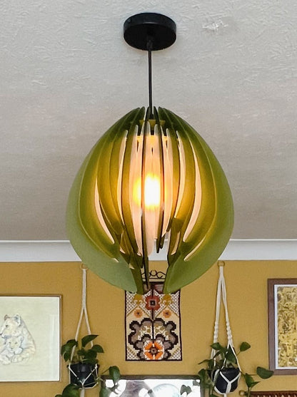 Large Green and white Feathered Tulip - Pendant Light