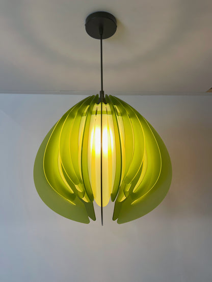 Large Green and Yellow Feathered Tulip - Pendant Light