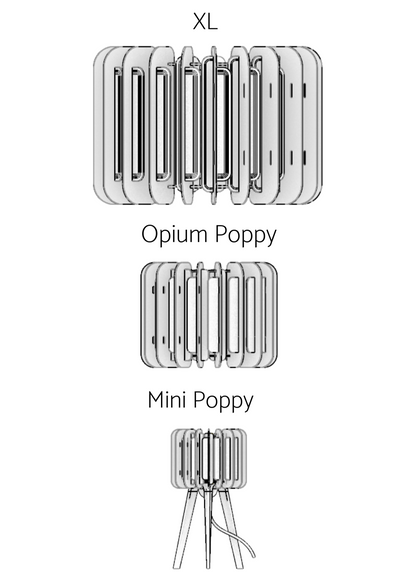 Hand-drawn sketches showing the full range of Poppy lamps: XL Poppy, Opium Poppy, and Mini Poppy. A visual comparison of the three sculptural lamps, highlighting their distinctive sizes and organic forms. Perfect for design-led interiors, handmade lighting, and modern decor lovers.
